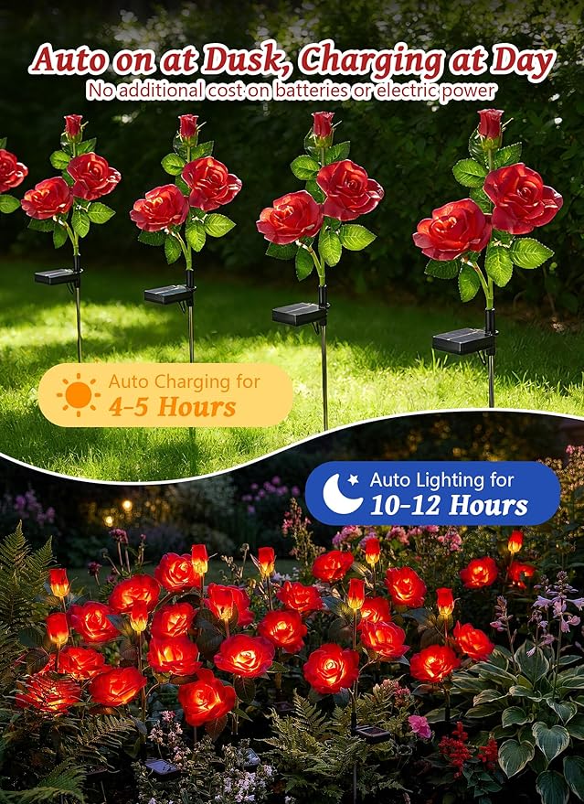 Brightown Outdoor Solar Flower Lights, 4 Pack Solar Garden Light with Larger & More Realistic Red Rose, Bigger Solar Panel, Waterproof Solar Lights Outdoor for Yard Garden Lawn Pathway Decoration