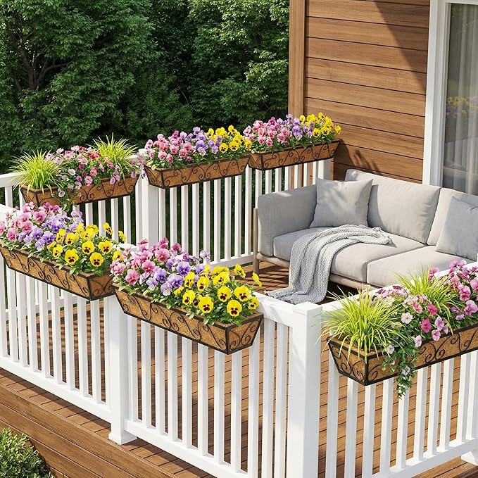 6pcs 30 Inch Window Deck with Coco Liner, 30" Window Boxes Horse Trough with Coconut Coir Liner, Metal Hanging Flower Planter Window Basket Deck Railing Planter Boxes for Outdoor Indoor Lawn