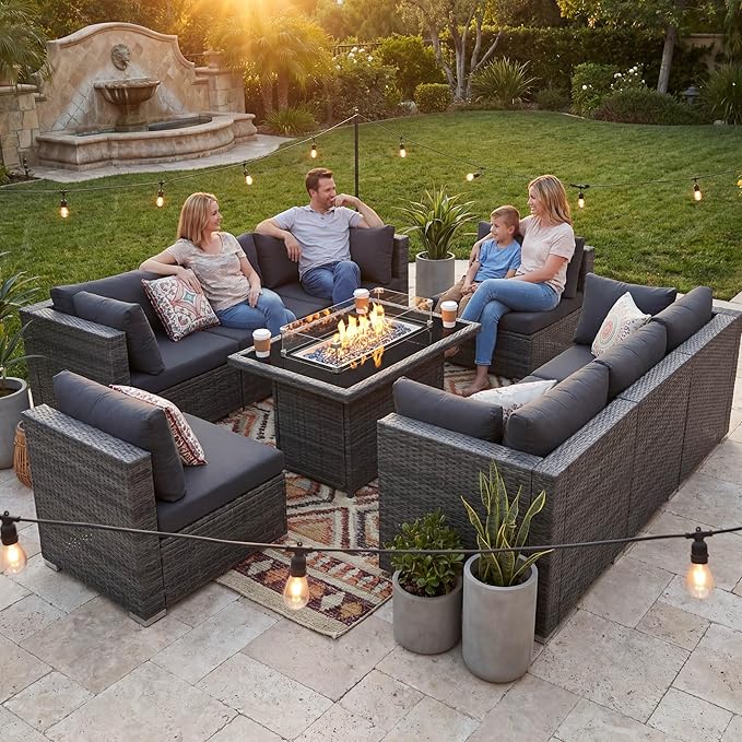 NICESOUL 9 Piece Modern Oversized Outdoor Patio Furniture Set with Firepit Table Propane/Natural Gas, 29.3'' High Back Deep Wide Conversation, Luxury 8 Seats Modular Sectional for Backyard, Gray