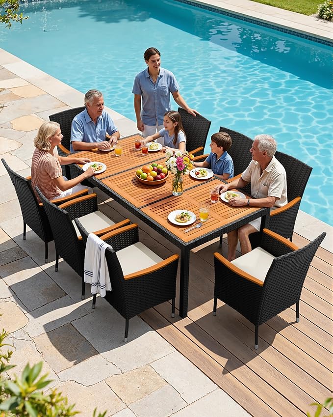 Flamaker 9 Piece Patio Dining Set Outdoor Acacia Wood Table and Chairs with Soft Cushions Wicker Patio Furniture for Deck, Backyard, Garden