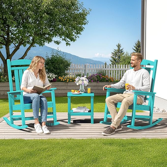 SERWALL HDPE Outdoor Rocking Chair Set of 4, Patio Rocking Chairs, All-Weather Porch Rockers for Adults, Aruba Blue