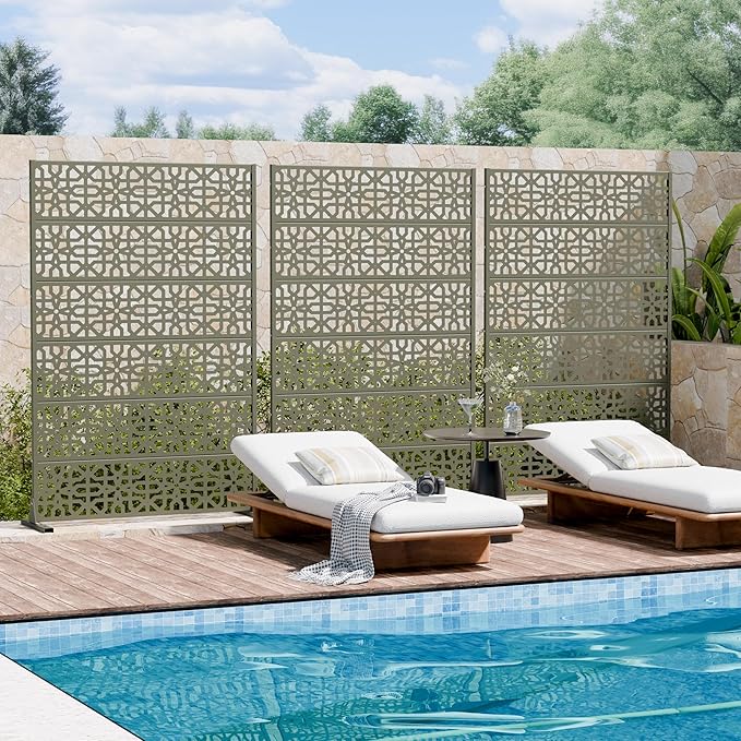 Casaphoria Metal Privacy Screen Outdoor, 72" H x 47" W Freestanding Decorative Privacy Screen for Patio Deck Balcony Garden with Stable Base, Green-Perilla