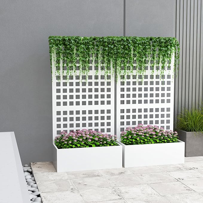 Outsunny Galvanized Raised Garden Bed with Trellis, Metal Planter Box with Drainage Holes, Outdoor Privacy Screen for Climbing Plants, Vegetable, Vines, 35" x 16" x 70", 2 Pack, White