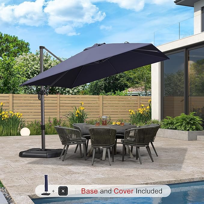 PURPLE LEAF 10'×10' Patio Umbrella with Base and Cover Outdoor Umbrella Large Cantilever Umbrella Windproof Offset Heavy Duty Sun for Garden Deck Pool Patio Navy Blue