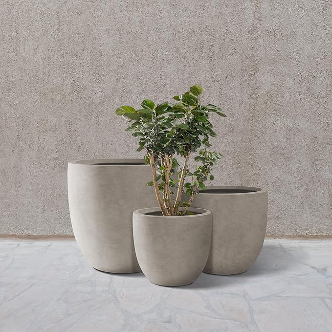 Kante 20",16.5",13.4" Dia Round Concrete Planters (Set of 3), Outdoor Indoor Modern Decorative Plant Pots with Drainage Hole & Rubber Plug for Home & Garden, Weathered Concrete