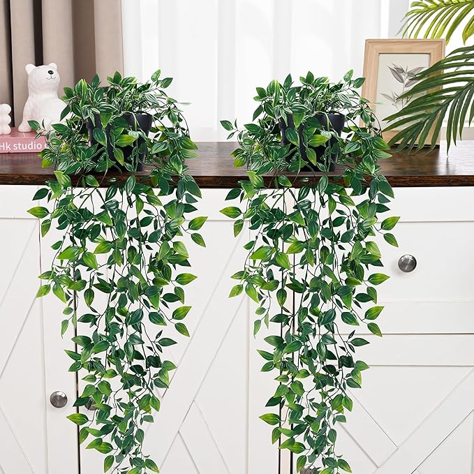 Waipfaru 2Pcs Fake Hanging Plants with Pot Deep Green Eucalyptus Leaves UV Resistant Fake Vines Ivy Artificial Plants Outdoor Faux Plants Indoor Bedroom Living Room Boho Wall Porch Shelf Decor