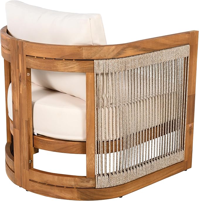 Merax 4-Piece Patio Premium Acacia Wood Outdoor Furniture Set,All Weather Curved Tub Design with Woven Rope Accents Loveseat Chairs and Table for Backyard, Balcony and Deck,Teak+ Beige