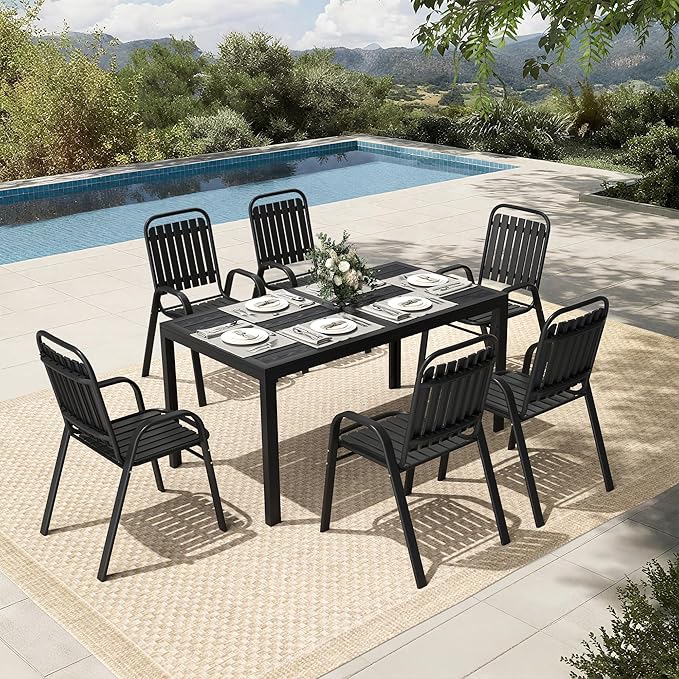 Pamapic Outdoor Dining Sets for 6, Rectangular Steel Slat Table with 6 Plastic Chairs, 7 Piece Patio Table and Chairs Set with Adjustable Umbrella Hole for Garden, Backyard, Poolside (Black)