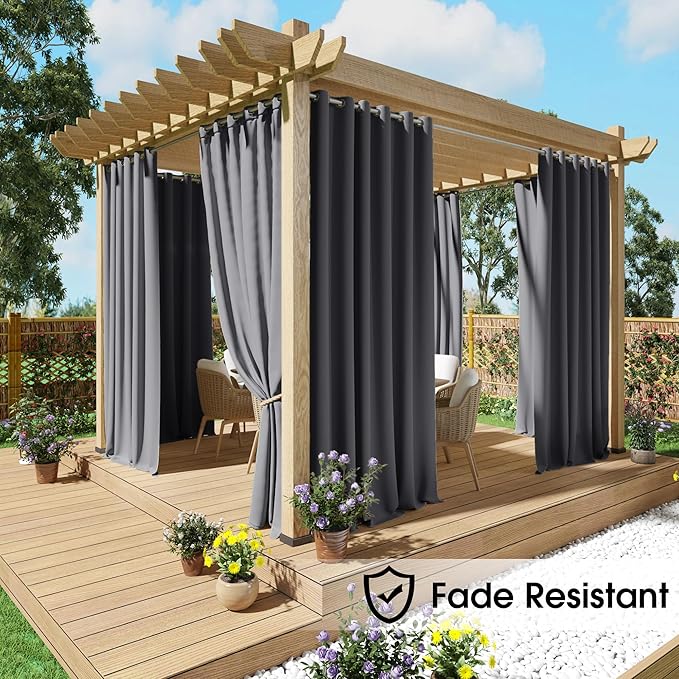 NICETOWN Fade Resistant Outdoor Patio Curtains Waterproof 2 Panels, Xenon Arc Tested Grade 4 Fade Proof, W52 x L108 in Thermal Insulated UV Protection Drapes for Sunroom & Pergolas, Grey
