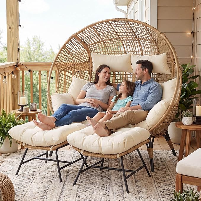 NICESOUL Modern Double Egg Chair with Footrest & Padded Cushions, 2 Person Wide Wicker Lounge Chair with Deep Seating, 57.1" Extra Large Stationary Loveseat Cozy Cream Chairs for Inside Outside