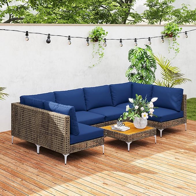 Outsunny 7 Piece Wicker Patio Furniture Set, Modular Outdoor Sectional with Thickened Cushions, Rattan Outdoor Furniture Conversation Set with Slatted Acacia Wood Table for Backyard, Brown/Dark Blue