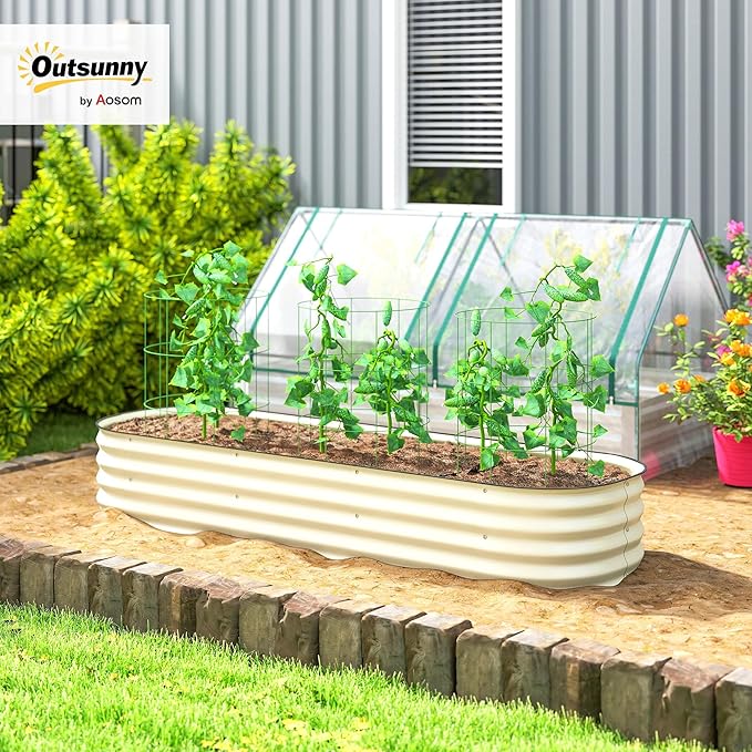 Outsunny 6.5' x 2' x 1' Galvanized Raised Garden Bed Kit, Outdoor Metal Elevated Planter Box with Safety Edging, Easy DIY Stock Tank for Growing Flowers, Herbs & Vegetables, Cream