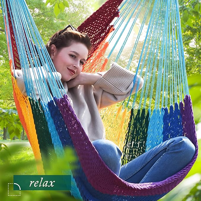 Caribbean Hammock Swing Chair with Spreader Bar, Large Hammock Chair, Hand Craft Rope Hanging Chair Outdoor, Indoor, Bedroom, 330 LBS Weight Capacity, Rainbow