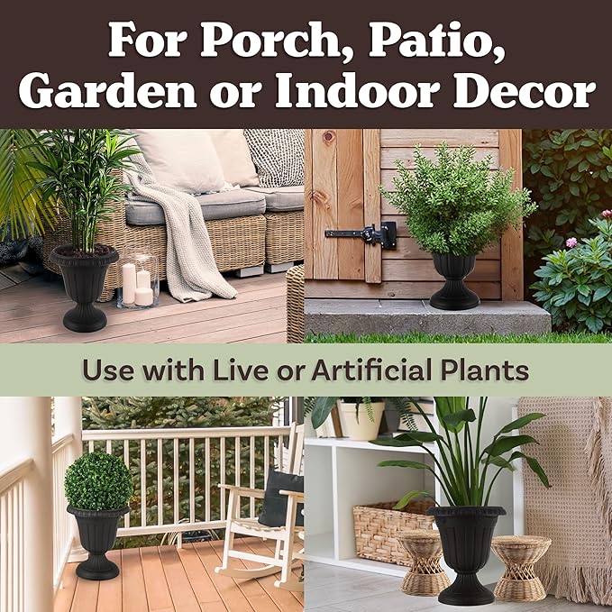 Outdoor Planter 2-Pack - 16x18-Inch Urn Planters - Plastic Plant Pots for Indoor, Outdoor, or Front Porch Decor - Flower Pots by Pure Garden (Black)