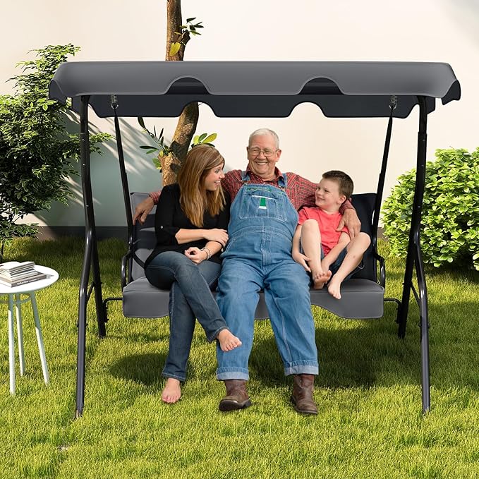 Tangkula 3 Person Porch Swing, Patio Swing with Removable Cushion & Powder-Coated Steel Frame, Outdoor Swing with Canopy for Porch, Backyard, Garden, Balcony (Gray)