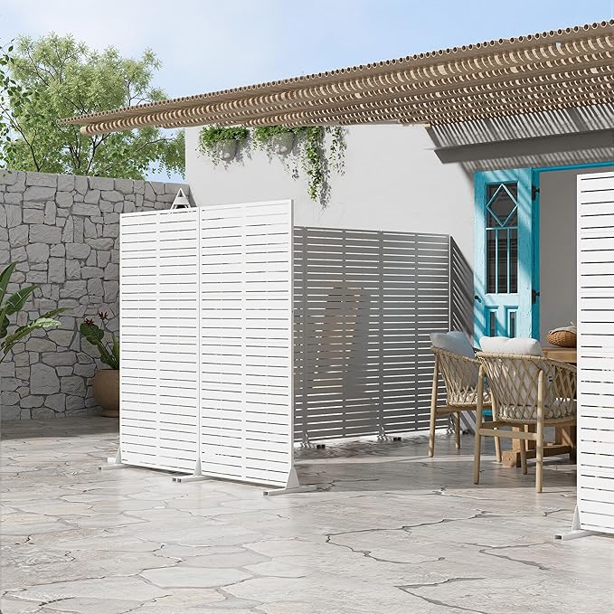 Casaphoria Metal Privacy Screen Outdoor, 72" H x 35" W Freestanding Decorative Privacy Screen for Patio Deck Balcony Garden with Stable Base, White-Louvered