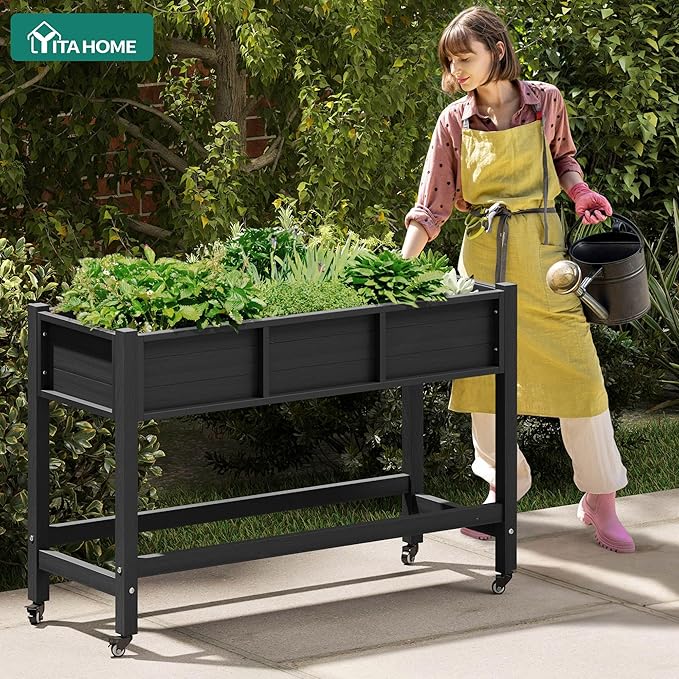 YITAHOME Raised Garden Bed HDPE, 47x18x31 in Raised Planter Box with Legs Poly-Wood Weather-Resistant Elevated Planter Box with Lockable Wheels for Vegetables, Herb Garden Bed, Black