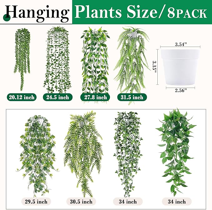 Der Rose 8Pcs Fake Plants Hanging Artificial Ivy Vine Faux Eucalyptus Hanging Plants for Home Boho Wall Shelf Indoor Outdoor Decor (White Pots)