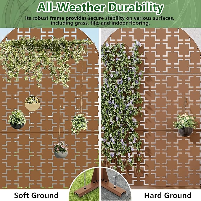 Casaphoria 72" H x 47" W Arched Metal Privacy Screen - Elegant Freestanding Outdoor Screen for Deck, Patio & Balcony - Versatile Decorative Privacy Panels for Home & Garden Use (Brown-Square)