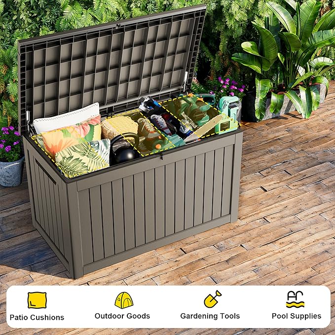 280 Gallon Outdoor Storage Box, Large Resin Deck Box for Patio Cushions, Garden Tools, Pool Accessories, Waterproof and Lockable Design, Storage Bench for Backyard & Deck(Gray)