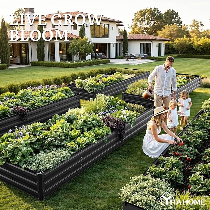 YITAHOME 12x4x1ft 2pcs Large Raised Garden Bed Kit, Galvanized Metal Planter Box with Gloves, Ground Nails, Support Rod, Outdoor Above Ground Planters for Plants Vegetables Flowers, Black