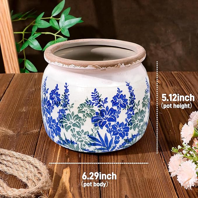 Flower Pot,Vintage Ceramic Pot for Planter with Drainage Holes, 6.29 inch Ice Crack Glazed Small Planters Pot for Indoor,Tucan Home Decor,Gardening Gifts (Art Deco)