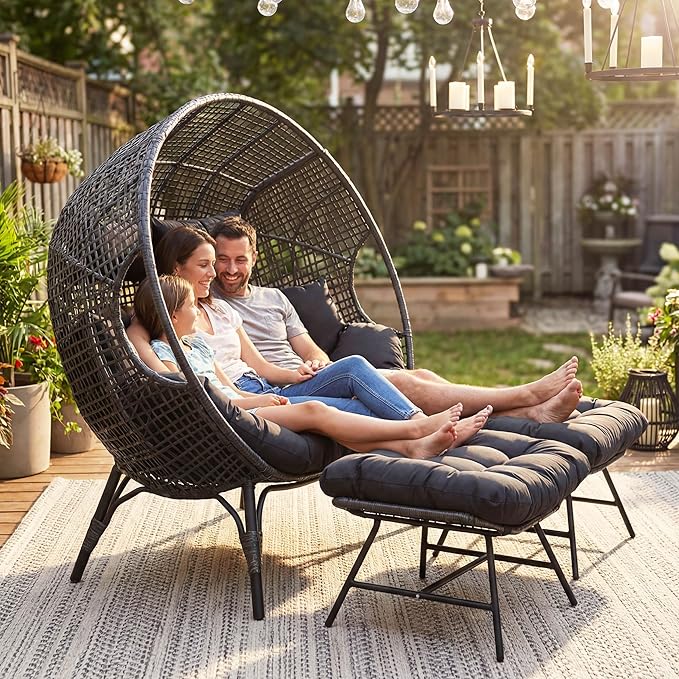 NICESOUL Luxury Double Egg Chair with Footrest & Cushions, Two Person Wicker Eggshell Chair Large with Ottoman, 2 Person Loveseat Comfort Deep Seating for Interiors Exteriors Balcony Dark Gray