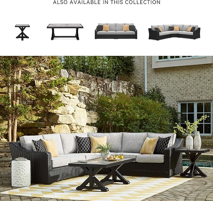 Signature Design by Ashley Beachcroft Curved Modern 3-Piece Outdoor Sectional with Cushion and 6 Throw Pillows, Light Gray