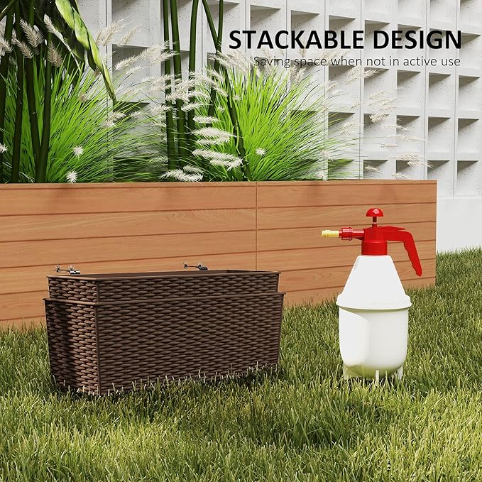 Outsunny Railing Planter Box (2 Pack, 20 Inch), Hanging Flower Pots with Hooks, Drainage Holes for Fence, Balcony, Garden, Patio, Rattan Look, Brown