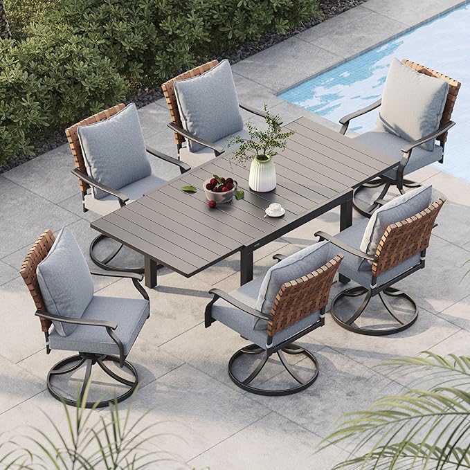 Grand patio 7-Piece Outdoor Dining Set, 6 Leather-Look Wicker Swivel Patio Chairs & 1 Rectangular Dining Table, Black