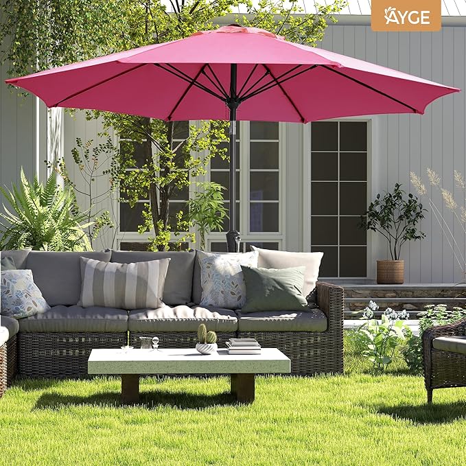 Ayge 9FT Large Outdoor Patio Umbrella Market Table Umbrella-UV Resistant, Easy Push Button Tilt and Crank, 8 Sturdy Fiberglass Ribs Heavy-Duty Pool Umbrella for Deck, Backyard,Garden,Rose Pink