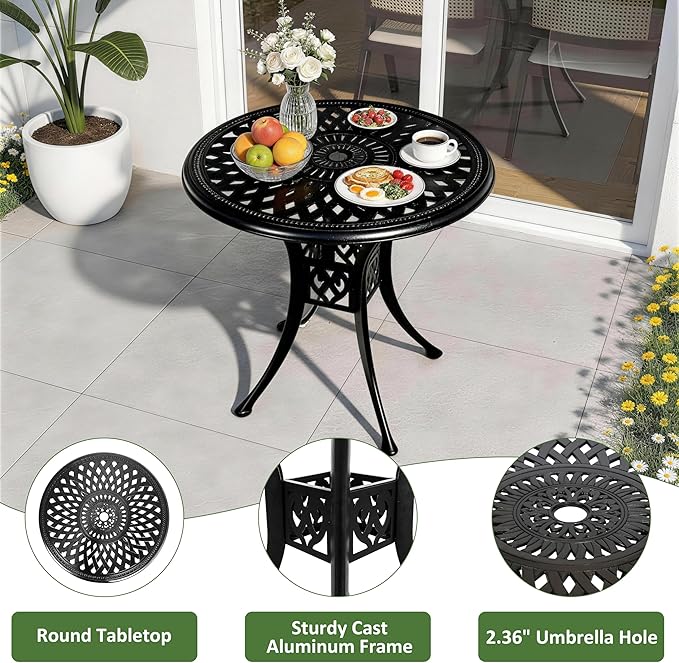 30.31" Outdoor Patio Dining Table, Cast Aluminum Patio Table, Patio Bistro Table, Patio Furniture Set with 2.36" Umbrella Hole for Balcony Lawn Garden Backyard