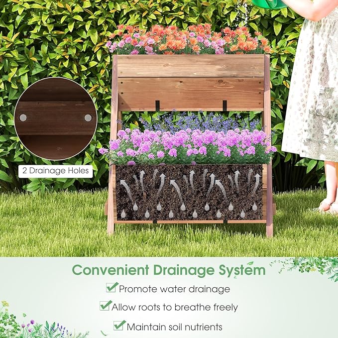 Giantex Vertical Raised Garden Bed, 3 Wood Planter Boxes for Flower Vegetable Fruit Herb, Freestanding Garden Planter with Drain Holes, Elevated Raised Beds for Indoor Outdoor Lawn Patio Yard, Brown
