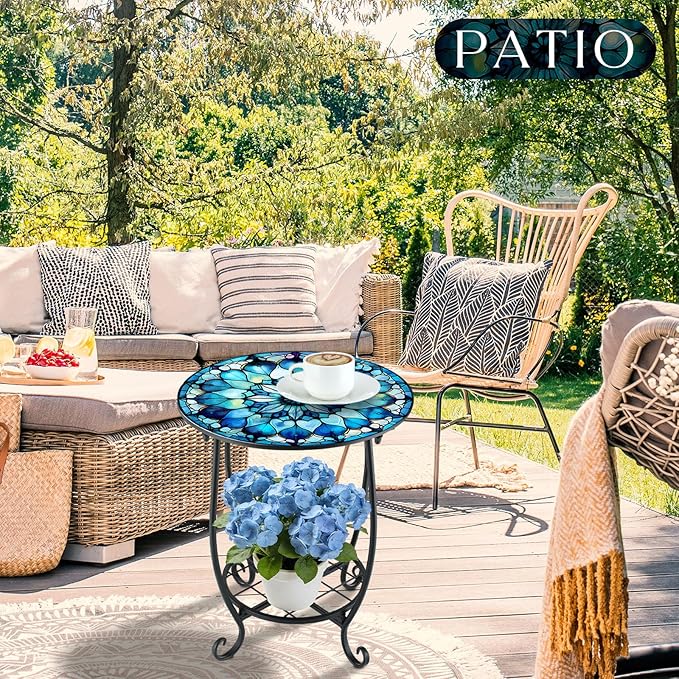 Outdoor Side Table Round Small Mosaic Patio Accent Indoor End Plant Coffee Tea Table for Yard Patio Porch Garden Living Room, Bedroom(Mandala Style,18 Inch)