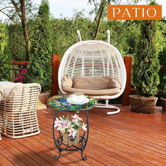 Outdoor Side Table Round Small Mosaic Patio Accent Indoor End Plant Coffee Tea Table for Yard Patio Porch Garden Living Room, Bedroom(Butterfly Style,14 Inch)