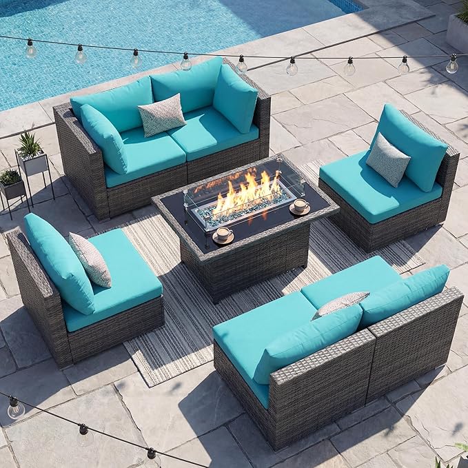 NICESOUL 7 Piece Large Modern Patio Furniture Set with Propane/Gas Firepit Table, 29.3'' High Back Comfy Wicker Sectional Sofa Couches with Fire Pit, Outdoor Deep Conversation, Fade-Proof, Turquoise