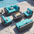 NICESOUL 7 Piece Large Modern Patio Furniture Set with Propane/Gas Firepit Table, 29.3'' High Back Comfy Wicker Sectional Sofa Couches with Fire Pit, Outdoor Deep Conversation, Fade-Proof, Turquoise