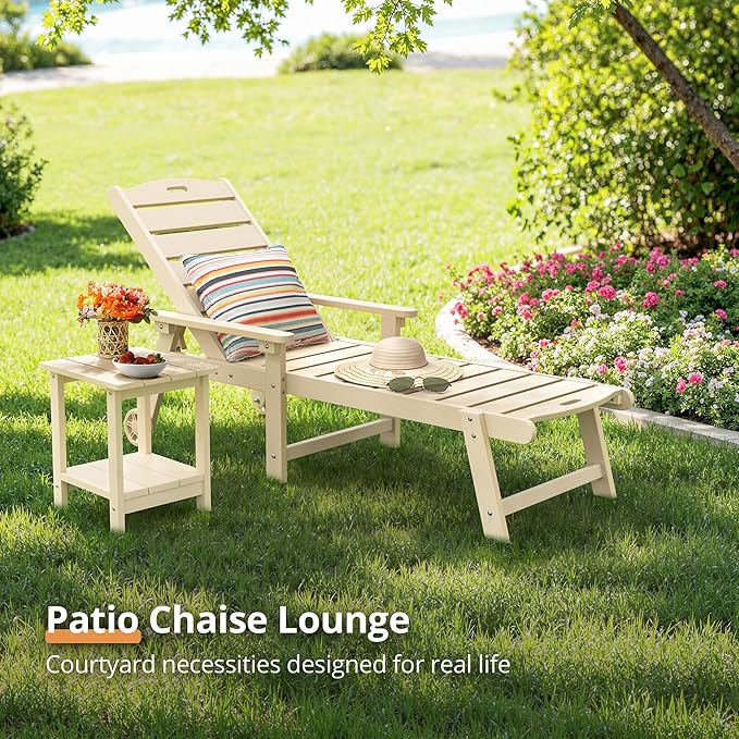 LUE BONA Chaise Lounge Chair with Table, 6-Piece, HDPS Chaise Lounger, 5 Positions Adjustable Lounge Chairs, Pool Lounge Chair with Wheels for Poolside, Backyard, Sand