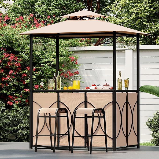 Tangkula 3-Piece Patio Bar Set, Grill Gazebo & 2 Bar Stools with Tempered Glass Bar Table, Metal Storage Shelves, Glass Holders, Double-Tier Soft Top Canopy BBQ Gazebo Shelter for Patio Garden (Brown)