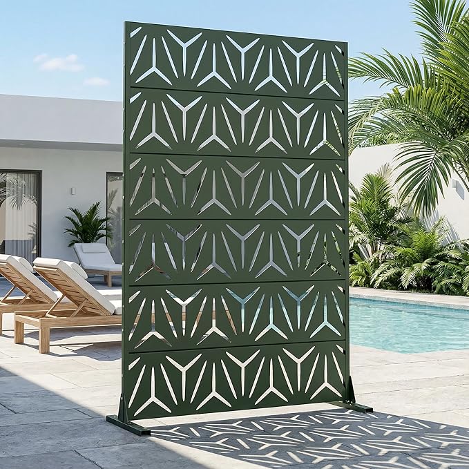 Casaphoria Metal Privacy Screen Outdoor, 72" H x 47" W Freestanding Decorative Privacy Screen for Patio Deck Balcony Garden with Stable Base, Drakgreen-Star
