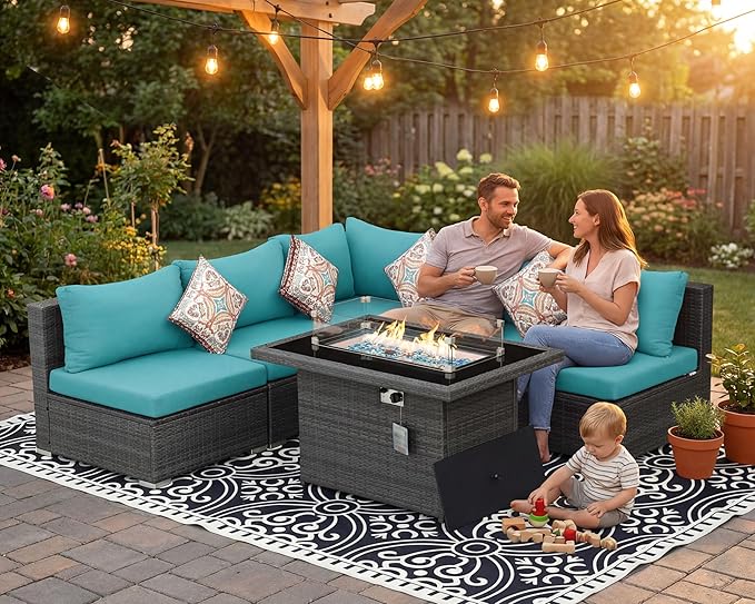 NICESOUL 6 Piece L Shaped Patio Furniture Set with Fire Pit Natural Gas/Propane, 29.3'' High Back Comfy Outdoor Conversations for Outside, Big Size Deep Wide Couches, 2 Color Cushion Turquoise & Grey