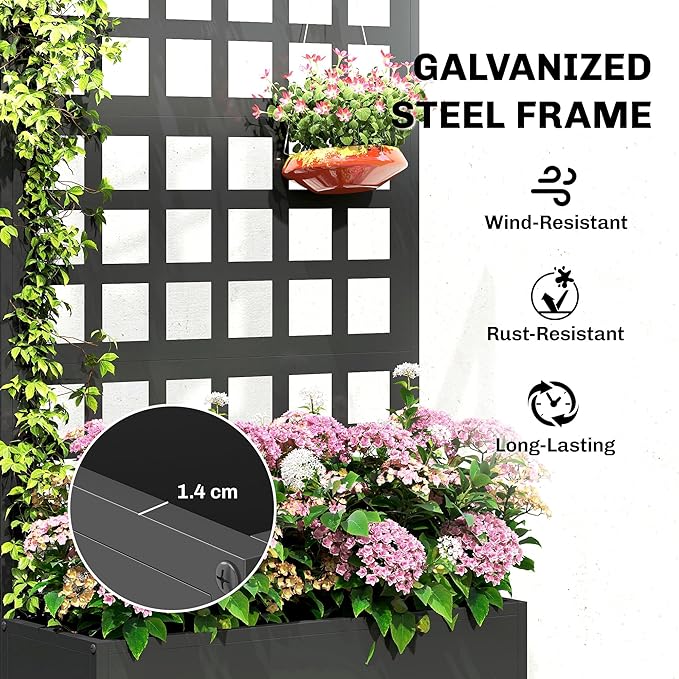 Outsunny Galvanized Raised Garden Bed with Trellis, Metal Planter Box with Drainage Holes, Outdoor Privacy Screen for Climbing Plants, Vegetable, Vines, 24" x 9" x 44.5", Black