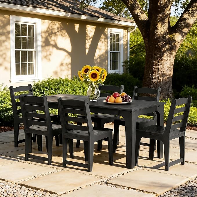 HDPE Patio Dining Set for 6, Weather-Resistant Outdoor Table with Umbrella Hole, Never Sagging One-Piece Tabletop with Metal Support Bars for Poolside Backyard Garden (Black)