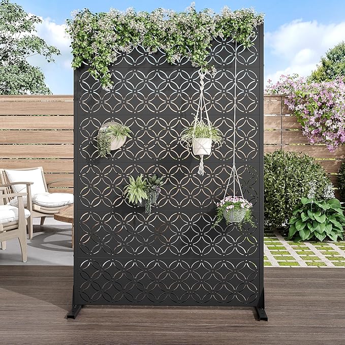 Casaphoria Metal Privacy Screen Outdoor, 72" H x 47" W Freestanding Decorative Privacy Screen for Patio Deck Balcony Garden with Stable Base, Palace Black