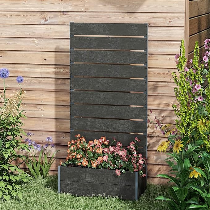 Outsunny Raised Garden Bed with Trellis for Climbing Plants, Planter Box with Self Draining Gap, Freestanding Trellis Planter for Outdoor, Patio, Deck, 28.25" x 15" x 59", Black