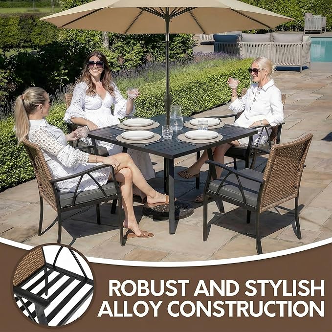 5-Piece Patio Dining Set for 4, Outdoor Dining Set with 4 Wicker Patio Dining Chairs with Cushions & 1 Black Square Woodgrain Dining Table with 1.75" Market Umbrella Hole, Black & Brown