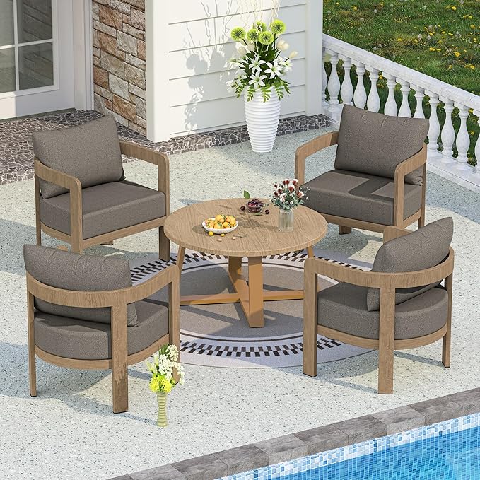 Outdoor Patio Furniture Set, 5 Pieces Modern Metal Patio Conversation Set with 6" Thick Cushions, Outdoor Lounge Sofa 350lbs for Backyard Porch Balcony, Brown