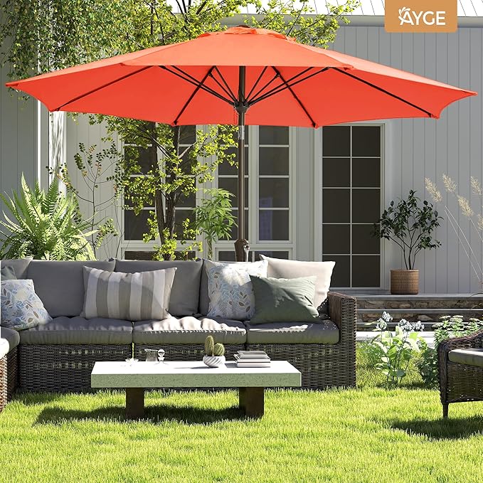 Ayge 9FT Large Outdoor Patio Umbrella Market Table Umbrella-UV Resistant, Easy Push Button Tilt and Crank, 8 Sturdy Fiberglass Ribs Heavy-Duty Pool Umbrella for Deck, Backyard,Garden,Orange