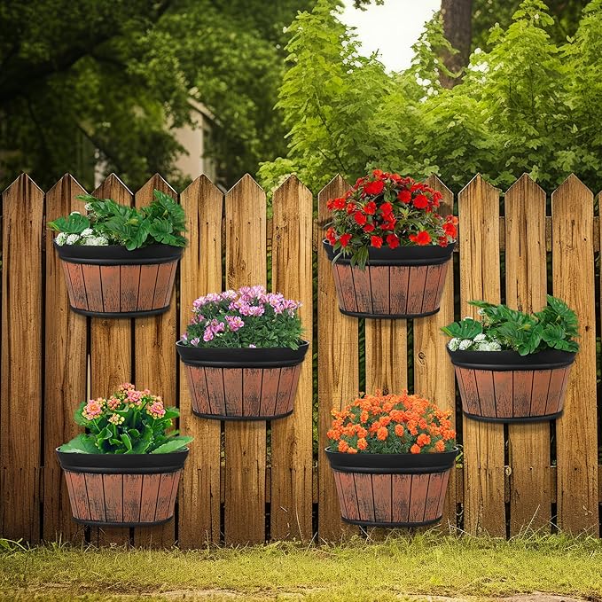 Layhit 6 Pcs Wall Hanging Planters Outdoor Pot Planter Wine Barrel Planter Distressed Oak Thickened Plastic Water Storage Flower Pots for Flower Indoor Outdoor(10 Inches,Brown)