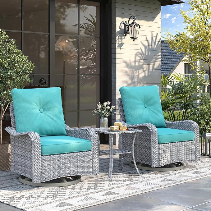 2-Seat Modern Patio Furniture Set with Swivel Rocking Chairs, Thick 4″ Cushions, Dual-Strand Wicker Rattan, Rust-Resistant Steel Frame – Outdoor Conversation & Modular Sectional,Blue